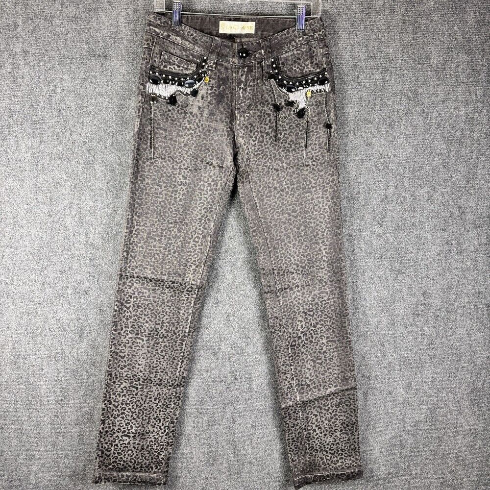 Rosa & Rose Jeans Womens S Leopard Print Y2K Embellished Rhinestone Skinny NWT